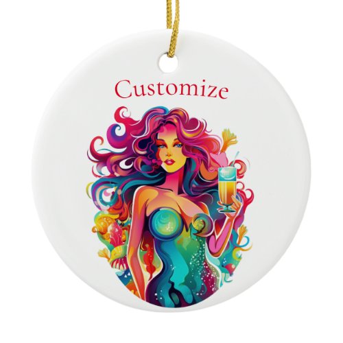 Rainbow-haired Mermaid With Cocktail  Ceramic Ornament