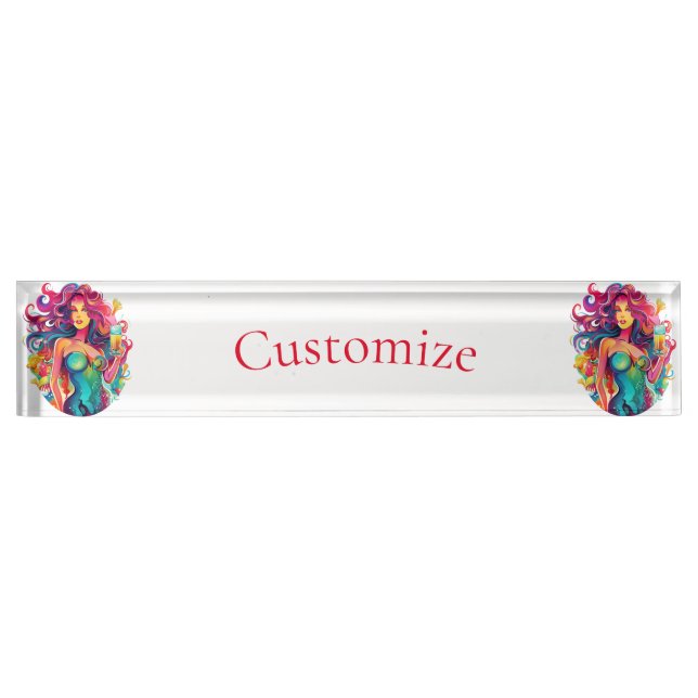Rainbow-haired Mermaid With Cocktail  Desk Name Plate (Front)