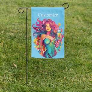 Rainbow-haired Mermaid With Cocktail Garden Flag