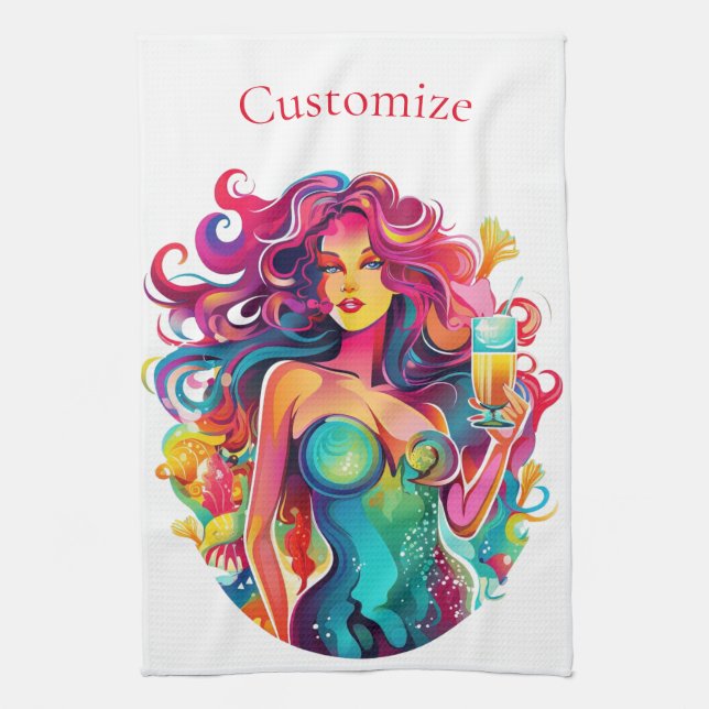 Rainbow-haired Mermaid With Cocktail  Kitchen Towel (Vertical)