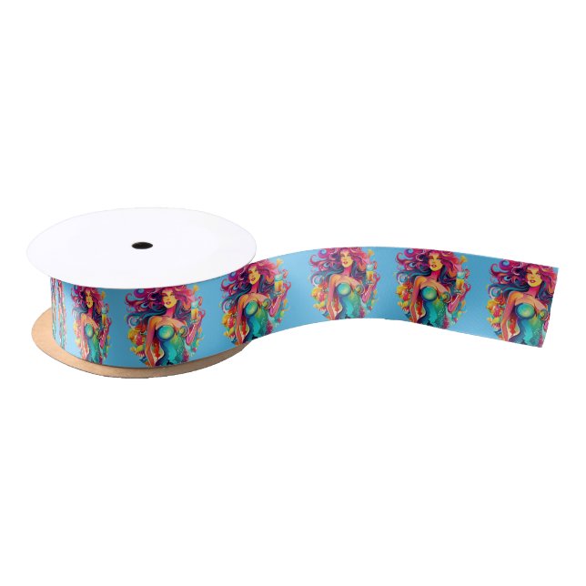 Rainbow-haired Mermaid With Cocktail  Satin Ribbon (Spool)