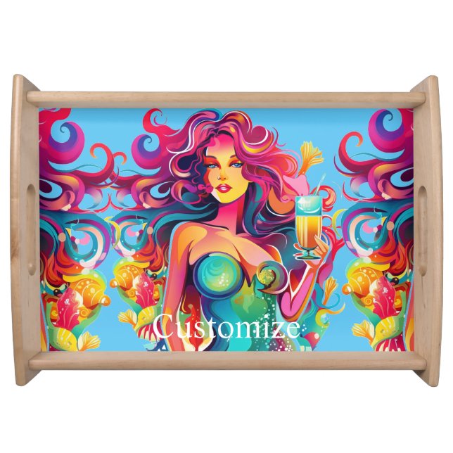 Rainbow-haired Mermaid With Cocktail  Serving Tray (Front)