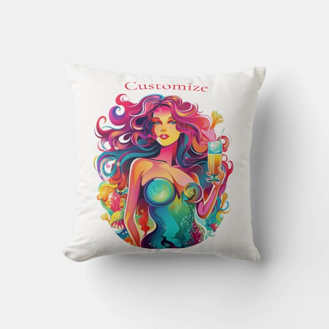 Rainbow-haired Mermaid With Cocktail  Throw Pillow (Front)
