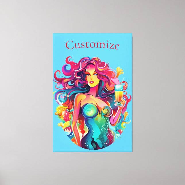 Rainbow-haired Mermaid With Cocktail Thunder_Cove Canvas Print (Front)