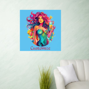 Rainbow-haired Mermaid With Cocktail  Wall Decal