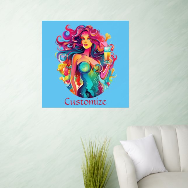 Rainbow-haired Mermaid With Cocktail  Wall Decal (Living Room)
