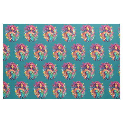 Rainbow-haired Mermaid With Cocktail Wall  Fabric
