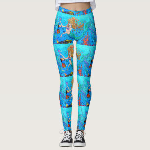 rainbow-haired mermaids blue leggings