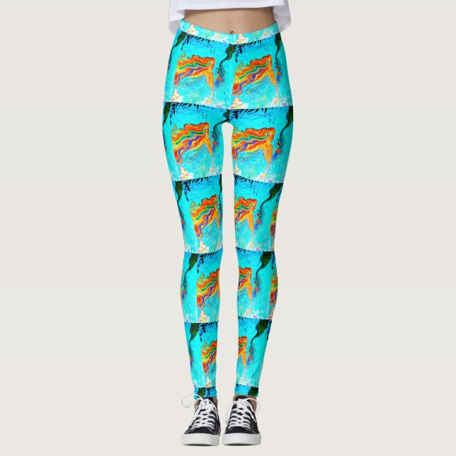 rainbow-haired mermaids blue leggings (Front)
