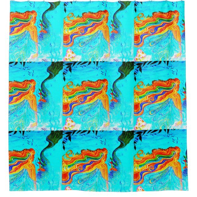 rainbow-haired mermaids floating shower curtain (Front)