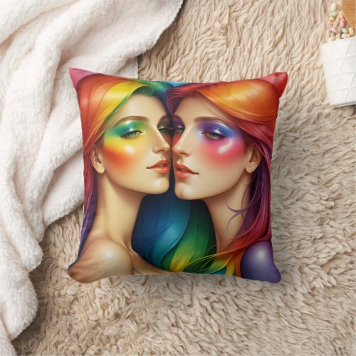 Rainbow Haired Women Embracing Colorful Beauty Throw Pillow