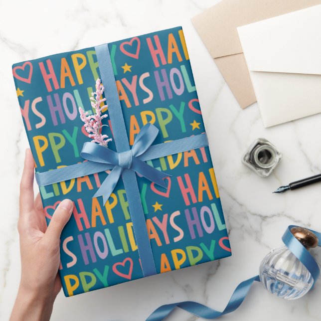 Rainbow Hand-Drawn Christmas HAPPY HOLIDAYS  Wrapping Paper (Gifting)