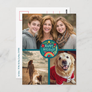 Rainbow Hand-Drawn Cute Holiday CUSTOM 3 PHOTO Postcard