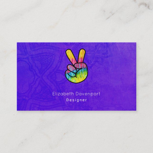 Rainbow Hand Peace Sign Acid Purple Background Business Card (Front)