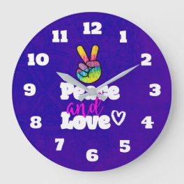 Rainbow Hand Peace Sign Peace and Love Typography Large Clock