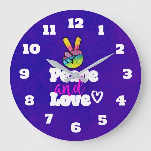 Rainbow Hand Peace Sign Peace and Love Typography Large Clock (Front)