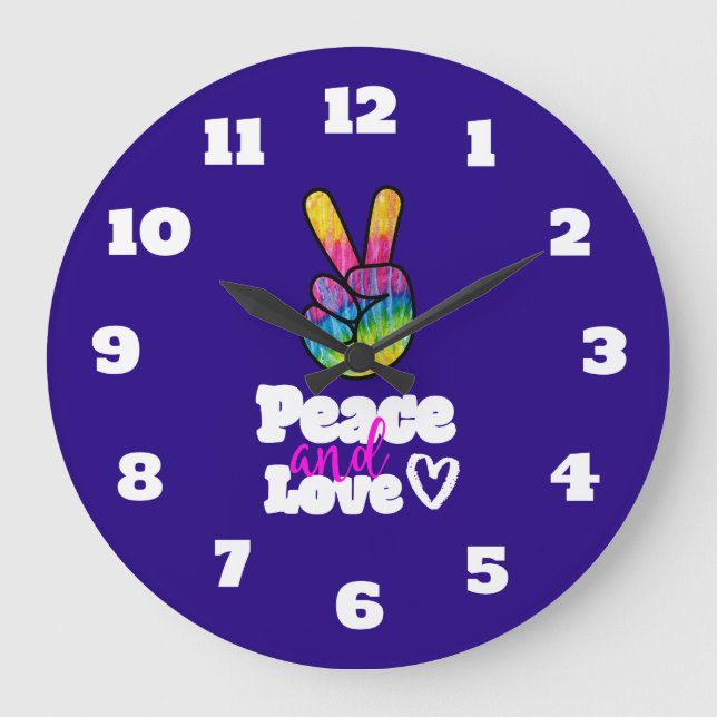 Rainbow Hand Peace Sign Peace and Love Typography Large Clock (Front)