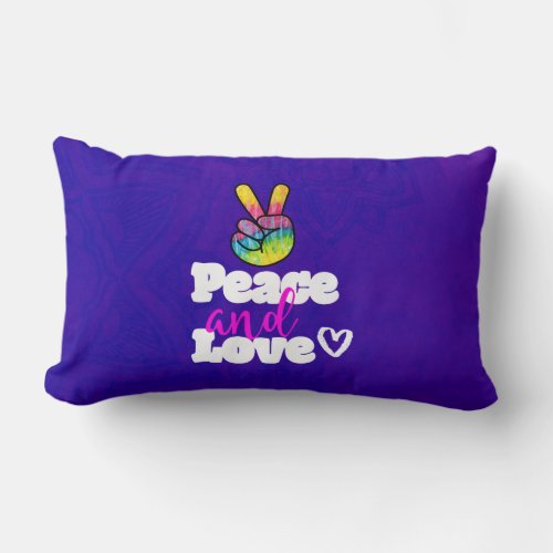 Rainbow Hand Peace Sign Peace and Love Typography Lumbar Pillow