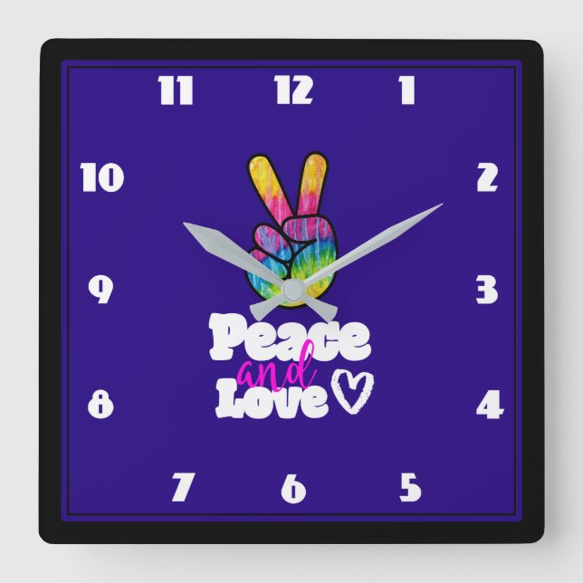 Rainbow Hand Peace Sign Peace and Love Typography Square Wall Clock (Front)