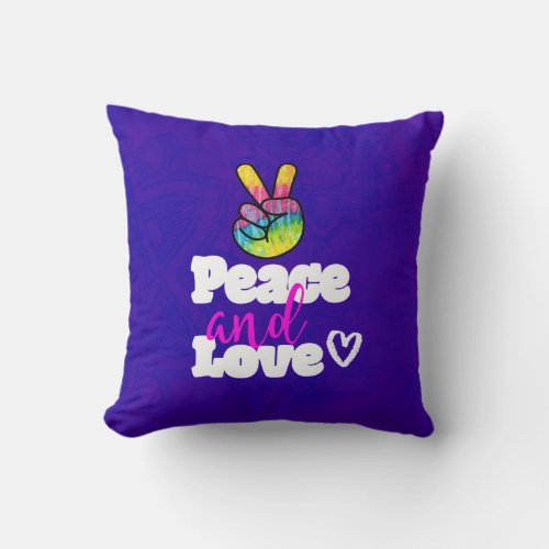 Rainbow Hand Peace Sign Peace and Love Typography Throw Pillow