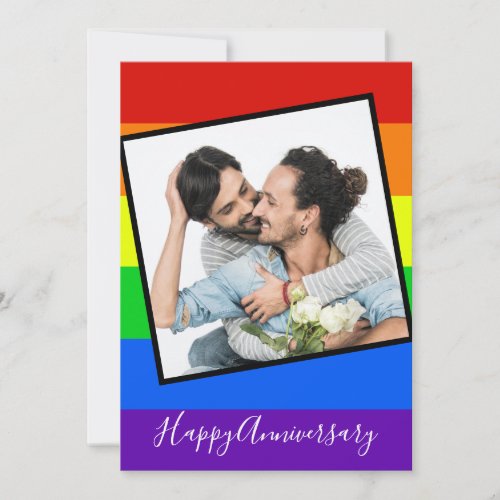 Rainbow Happy Anniversary Gay Couple Photo Custom Card