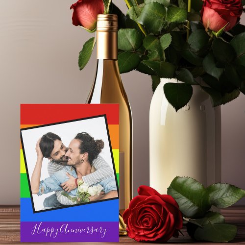 Rainbow Happy Anniversary Gay Couple Photo Custom Card