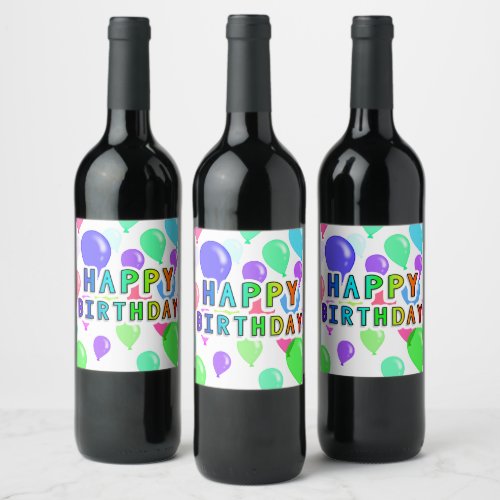 Rainbow Happy Birthday Multicolored Balloons Wine Label