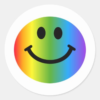 Rainbow Happy Face Classic Round Sticker by HappyFacePlace at Zazzle