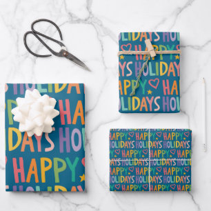 Rainbow HAPPY HOLIDAYS Hand-Drawn Christmas Set of Wrapping Paper Sheets