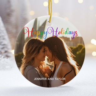 Rainbow Happy Holidays LGBTQ Couple Photo Ceramic Ornament