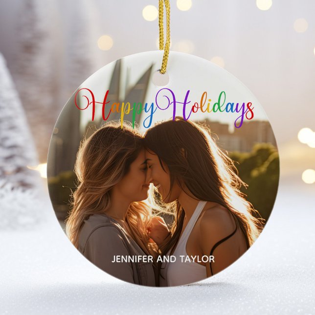 Rainbow Happy Holidays LGBTQ Couple Photo Ceramic Ornament (Creator Uploaded)