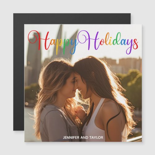 Rainbow Happy Holidays LGBTQ Couple Photo Magnet