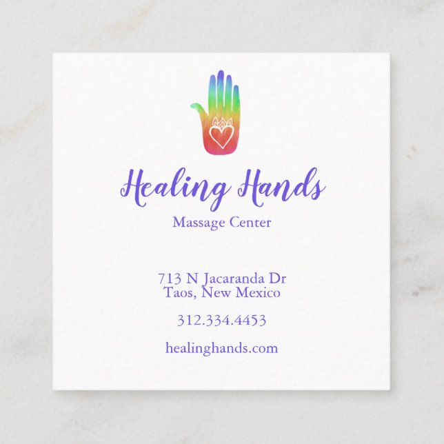 Rainbow Healing Hand Customizable Hearts Square Business Card (Back)