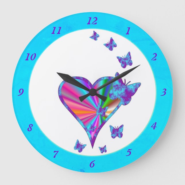 Rainbow Heart and Butterfly Large Clock (Front)