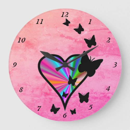 Rainbow Heart and Butterfly Large Clock