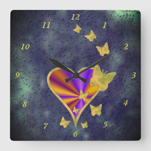 Rainbow Heart and Butterfly Square Wall Clock