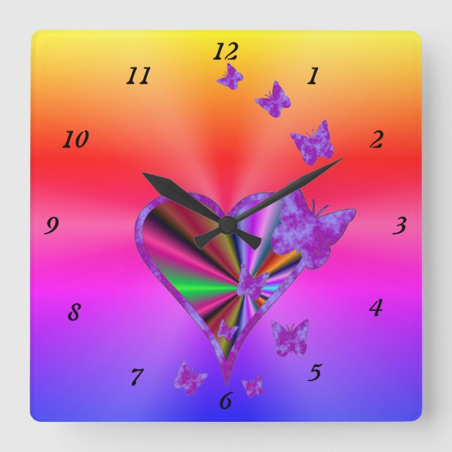 Rainbow Heart and Butterfly Square Wall Clock (Front)