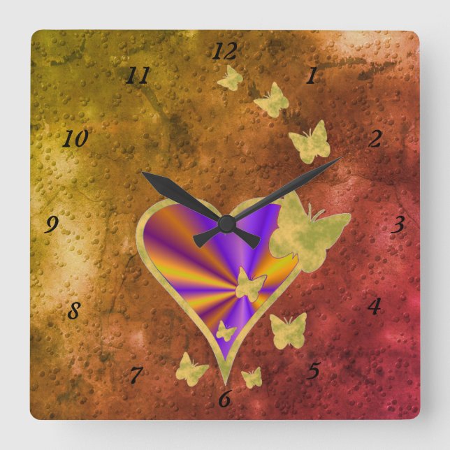 Rainbow Heart and Butterfly Square Wall Clock (Front)
