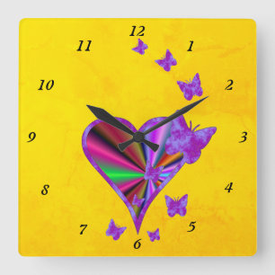 Rainbow Heart and Butterfly Square Wall Clock
