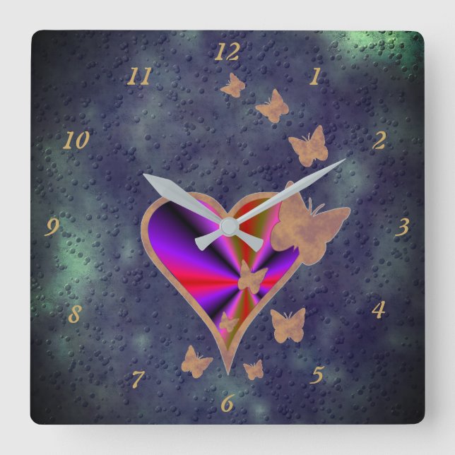 Rainbow Heart and Butterfly Square Wall Clock (Front)