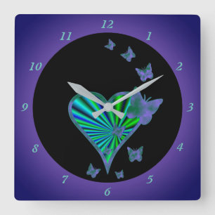 Rainbow Heart and Butterfly Square Wall Clock