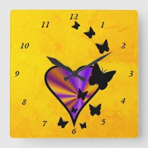 Rainbow Heart and Butterfly Square Wall Clock