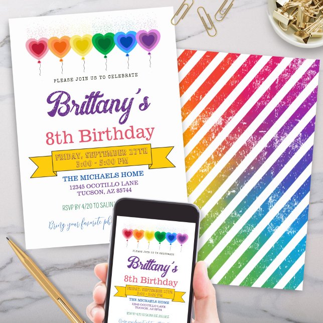 Rainbow Heart Balloons Girly Birthday Party Invitation (Fun rainbow colored heart shaped balloons birthday party invitation for birthday celebration)