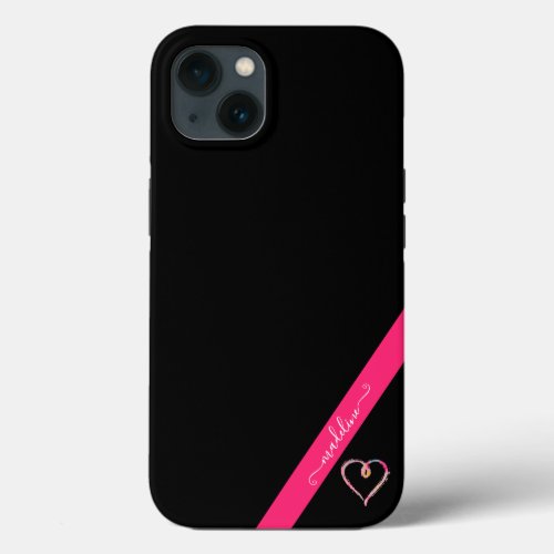 Rainbow Heart Black Hot Pink Script Name iPhone 13 Case