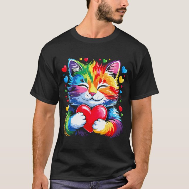 Rainbow Heart Cat, Cute Valentine Day For Kids Boy T-Shirt (Front)