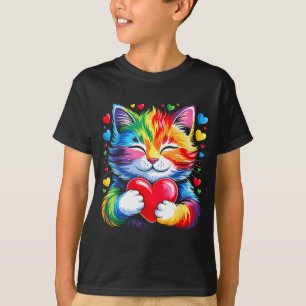Rainbow Heart Cat, Cute Valentine Day For Kids Boy T-Shirt