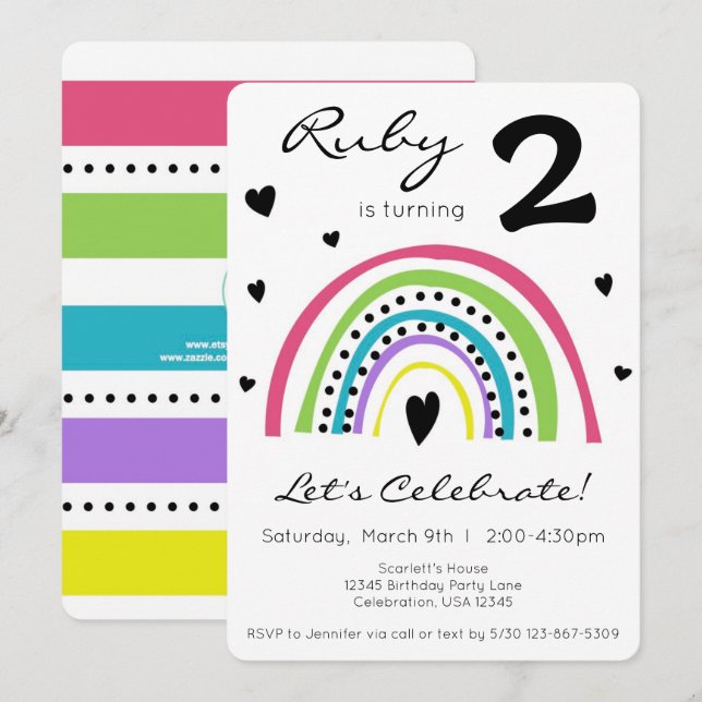 Rainbow & Heart Colorful Boho Little Girl Birthday Invitation (Front/Back)