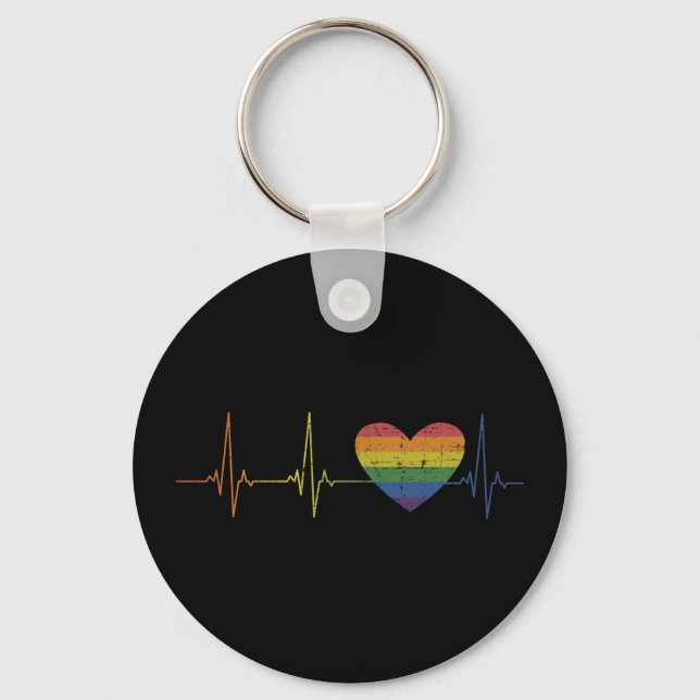 Rainbow heart flag heartbeat pride month awareness keychain (Front)