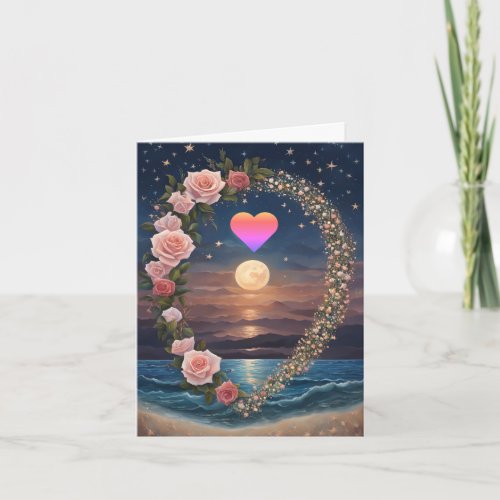 Rainbow Heart Full Moon Rose Wreath Valentine Holiday Card
