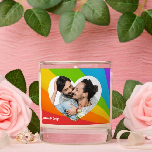 Rainbow Heart Gay Couple Photo Anniversary Gift Scented Candle